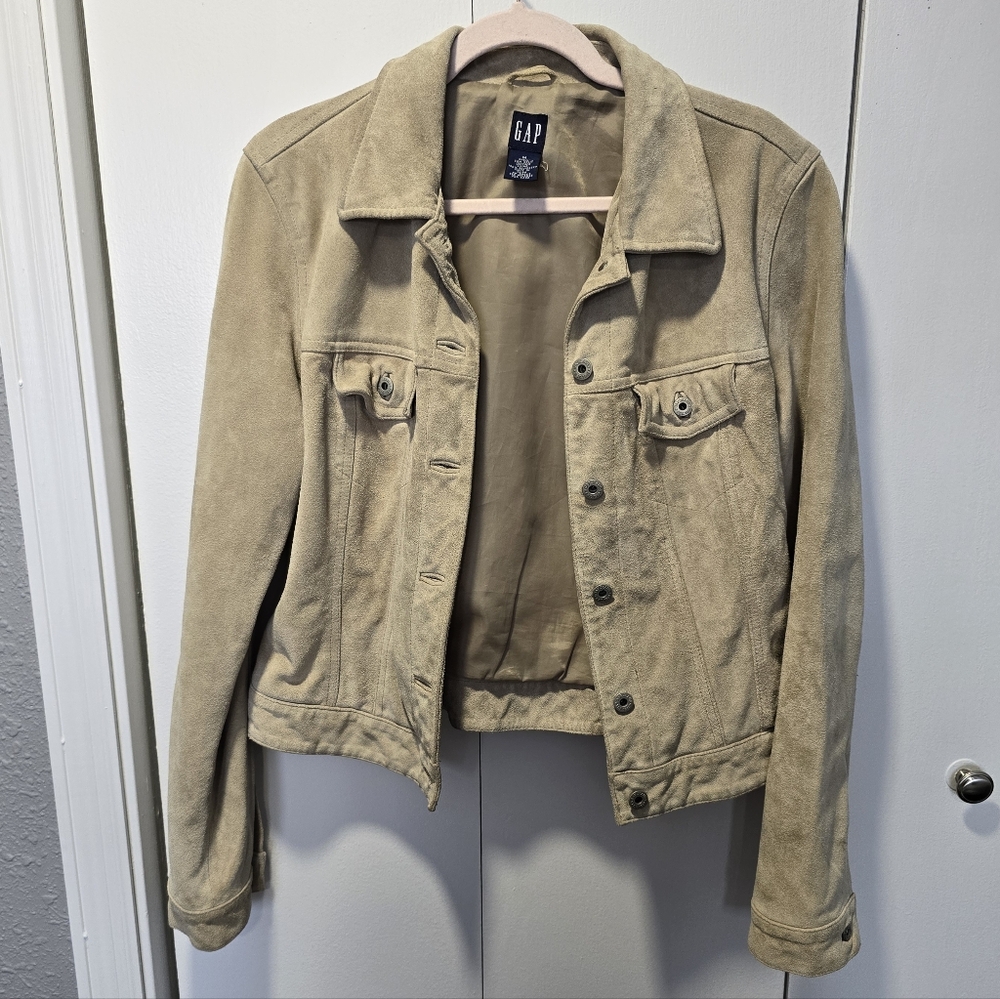 Vintage 90s Y2K Gap Tan Cow Split Leather Trucker Jacket Women's M